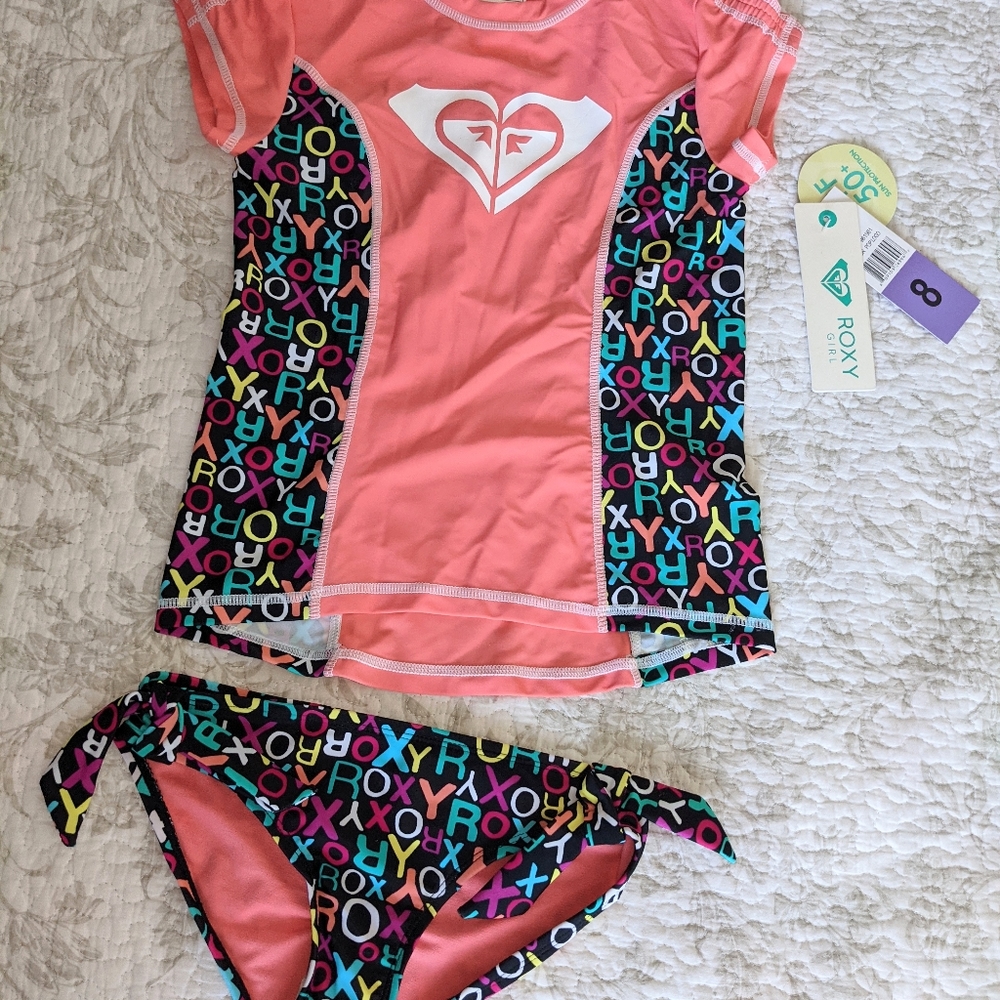NWT Roxy print rash guard and bikini bottom 2 pc